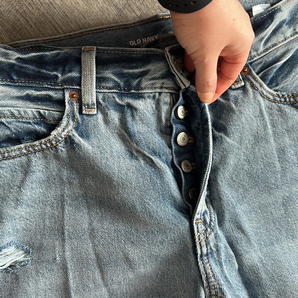 High-Waisted Button-Fly Slouchy Straight Ripped Cut-Off Jeans - Picture 2 of 4